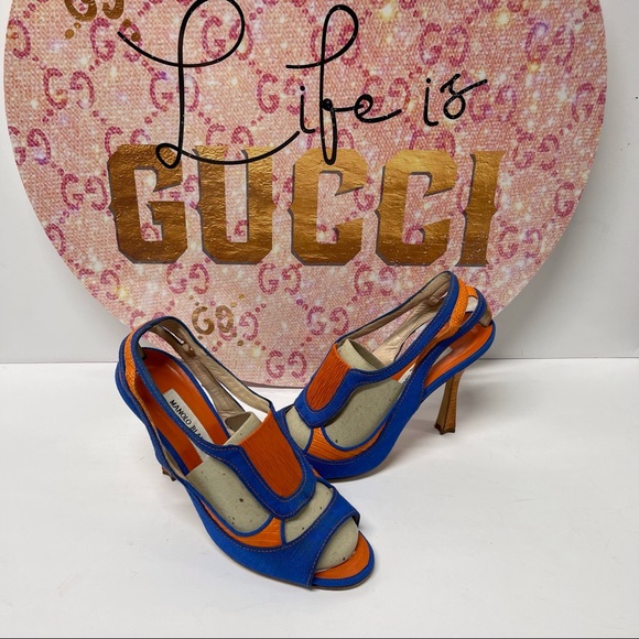 🧡SOLD! RARE MANOLO BLAHNIK DENIM & LEATHER HEELS 39 8.5 - Picture 3 of 11